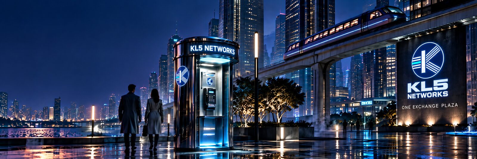 A KL5 Networks telephone kiosk on a city plaza at dusk