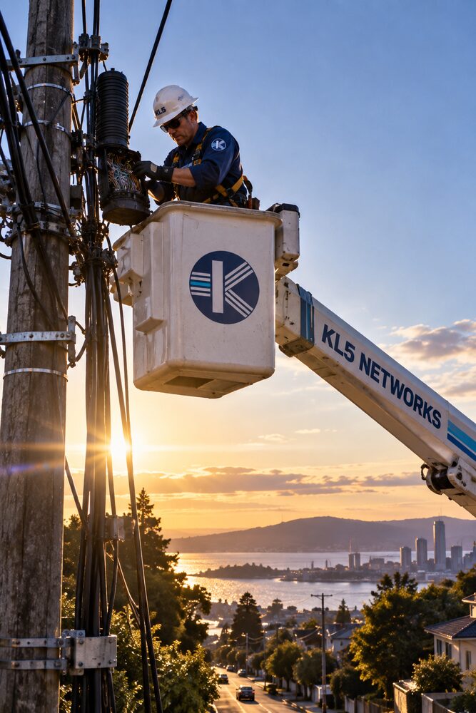 A KL5 cable splicer working from an aerial lift