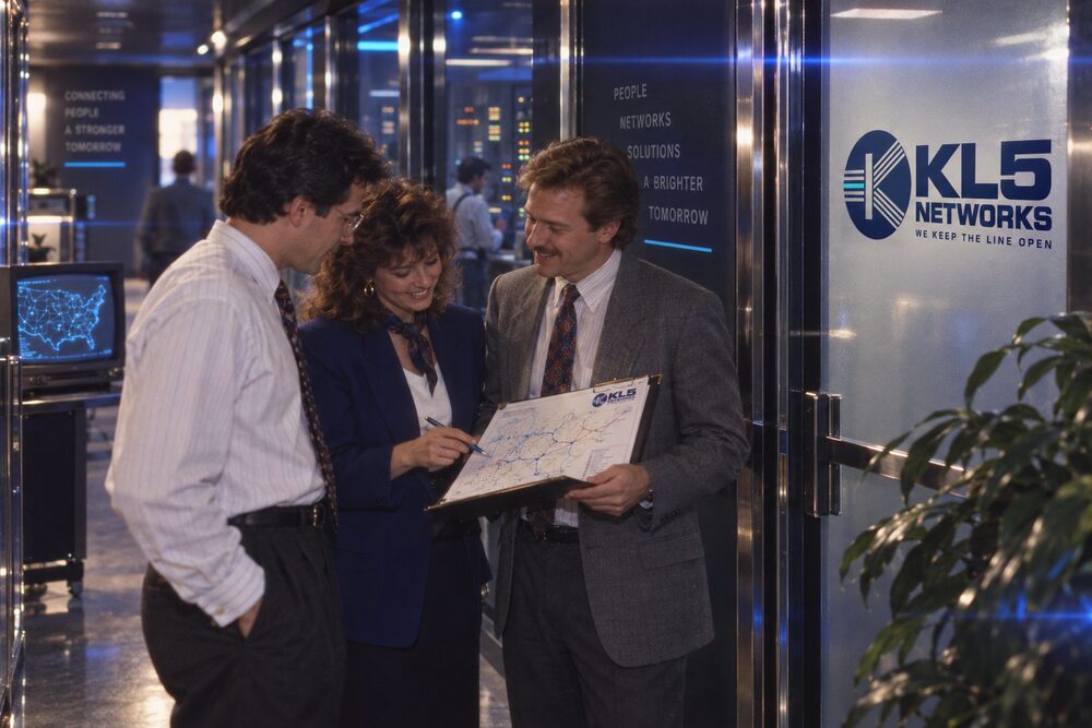 Three colleagues talking over a document in a corridor