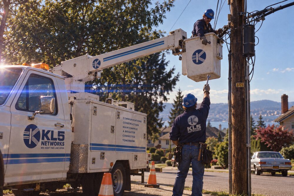 A cable splicer working from a bucket truck