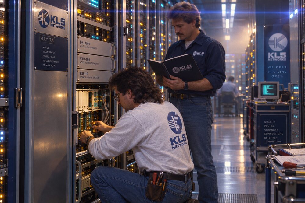 Two technicians at equipment racks in the central office