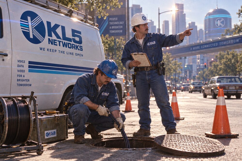 Technicians working at an open manhole beside a service van